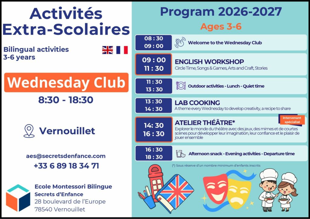 Programme du Wednesday Club bilingue pour enfants de 6 à 11 ans à l’École Montessori Bilingue Secrets d’Enfance à Vernouillet.