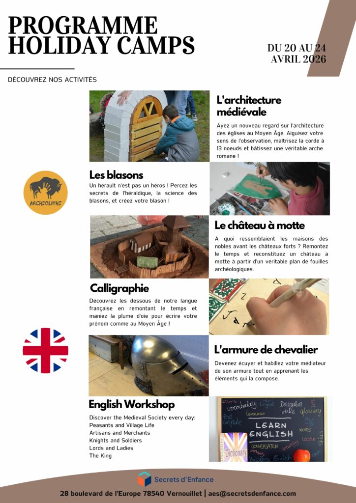Programme d’activités du stage enfants Moyen Âge : construction de château, blasons, calligraphie et atelier d’anglais