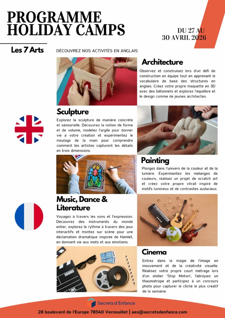 Programme du stage artistique enfants avec ateliers sculpture, peinture, musique et cinéma