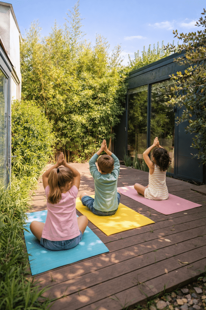 Enfants pratiquant le yoga en extérieur dans un espace végétalisé, favorisant le calme, la confiance et le bien-être à l’École de l’Optimisme