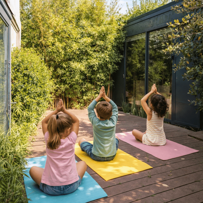 Enfants pratiquant le yoga en extérieur dans un espace végétalisé, favorisant le calme, la confiance et le bien-être à l’École de l’Optimisme
