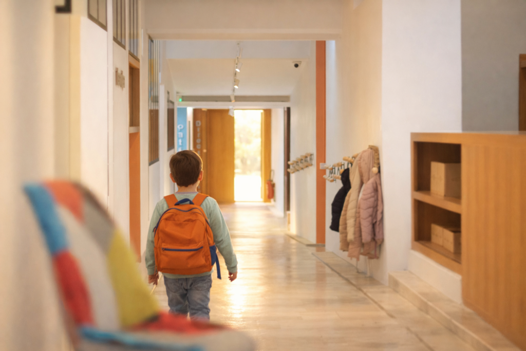 Enfant marchant dans un couloir lumineux vers la lumière, symbolisant la confiance et l’optimisme à l’école