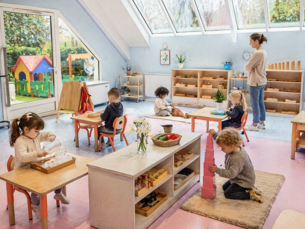 Classe Montessori lumineuse Cube School Port-Marly pour les 2-3 ans avec étagères en bois, matériel pédagogique et espace de regroupement au sol