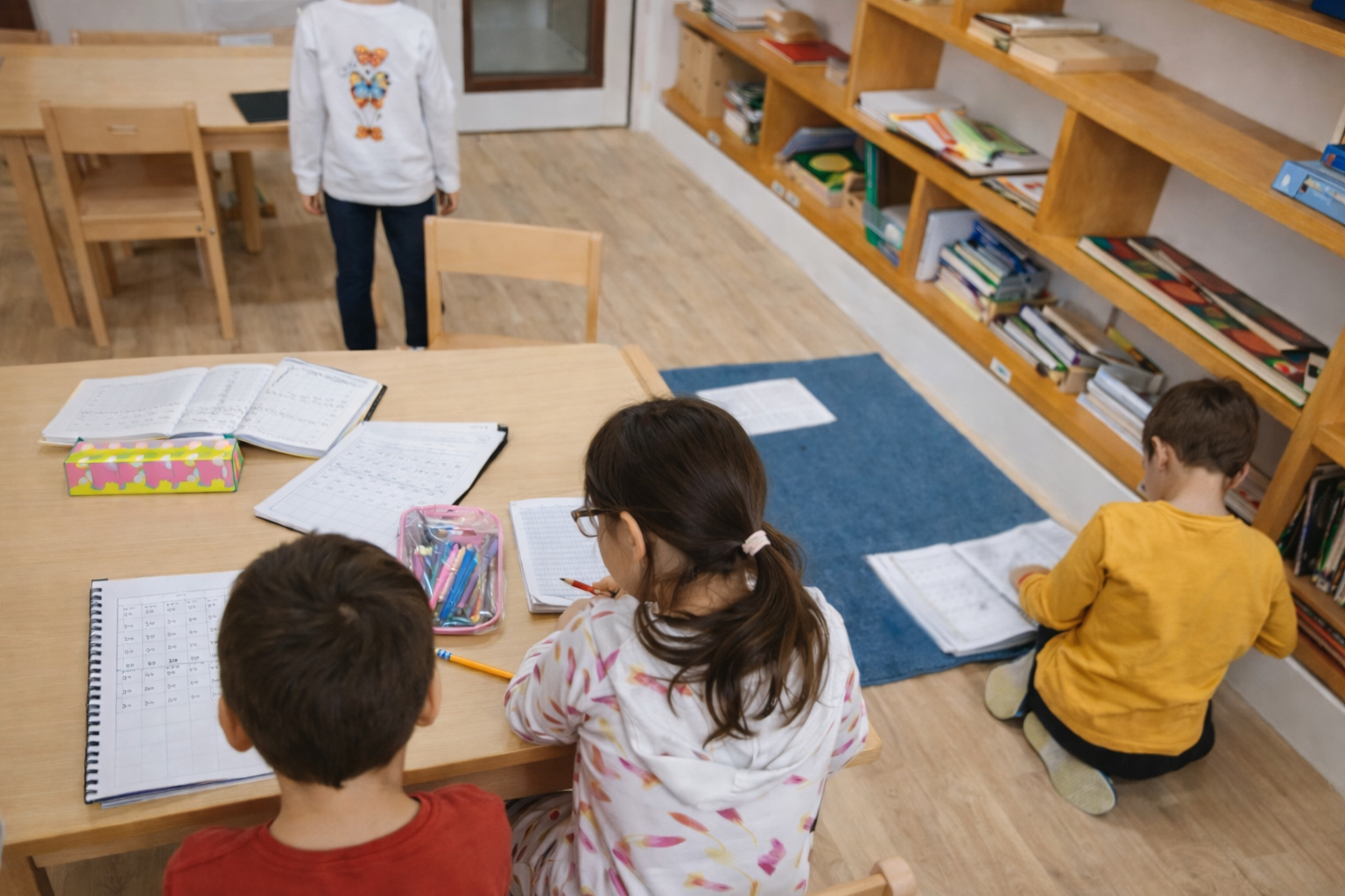 Classe Montessori 6–8 ans « The Explorers » avec des enfants concentrés travaillant en autonomie sur des activités de lecture, d’écriture et d’apprentissage