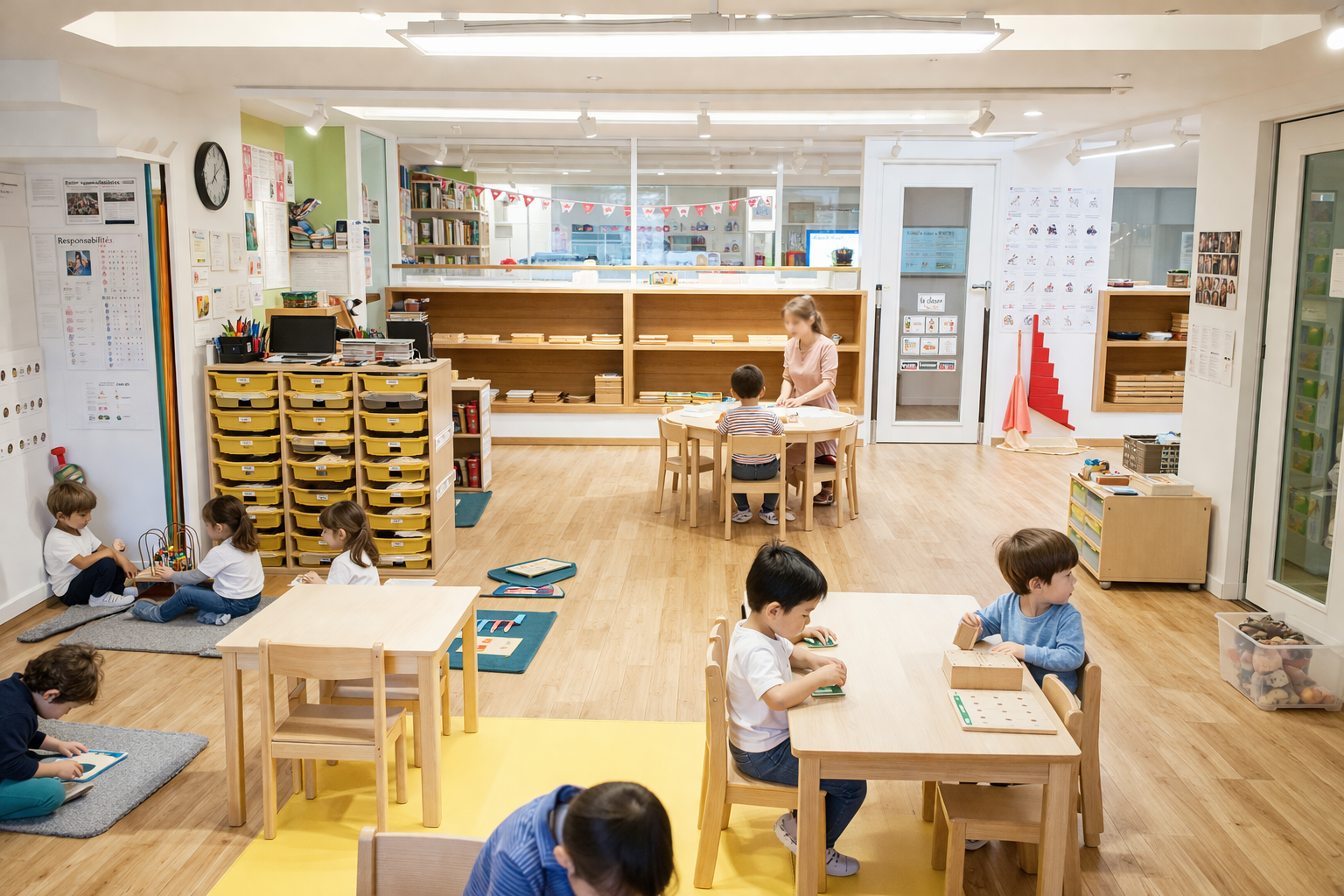 Ambiance classe Pioneers (2,5–6 ans) à l’École de l’Optimisme, enfants engagés dans des activités favorisant autonomie, exploration et confiance en soi