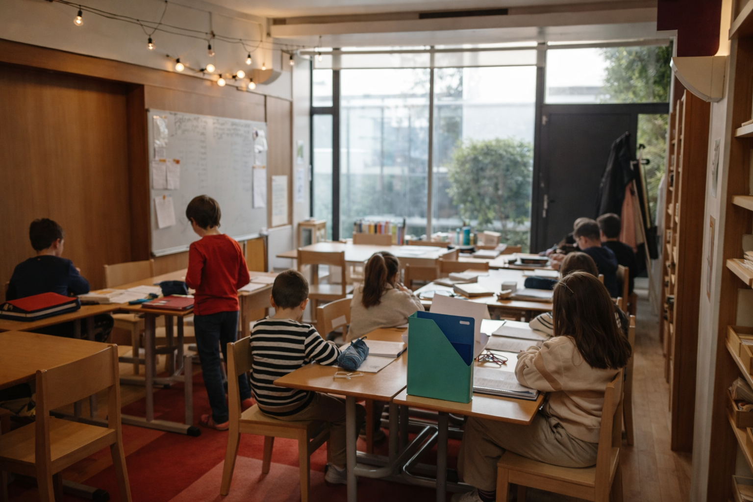 Ambiance classe Inventors (8–11 ans) à l’École de l’Optimisme, élèves engagés dans des projets favorisant responsabilité, créativité et confiance en soi