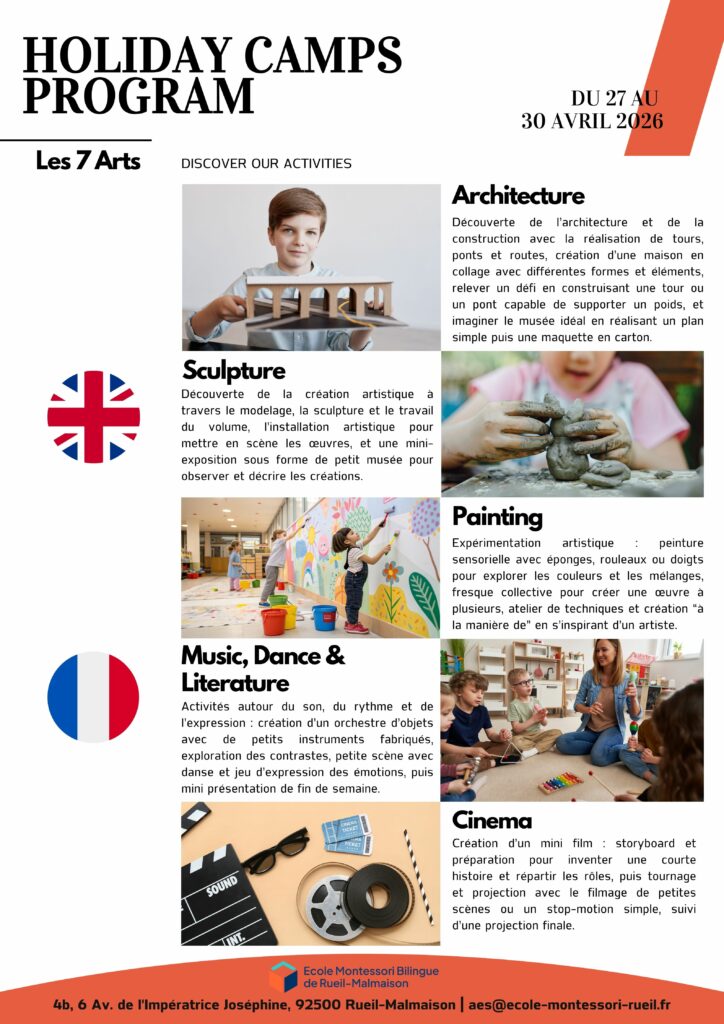 Programme du stage artistique enfants avec ateliers architecture, sculpture, peinture et cinéma à Rueil-Malmaison