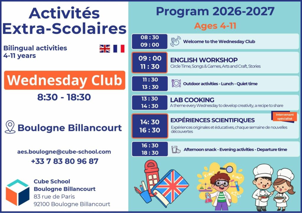 Programme du Wednesday Club bilingue pour enfants de 4 à 11 ans à Cube School Boulogne-Billancourt.