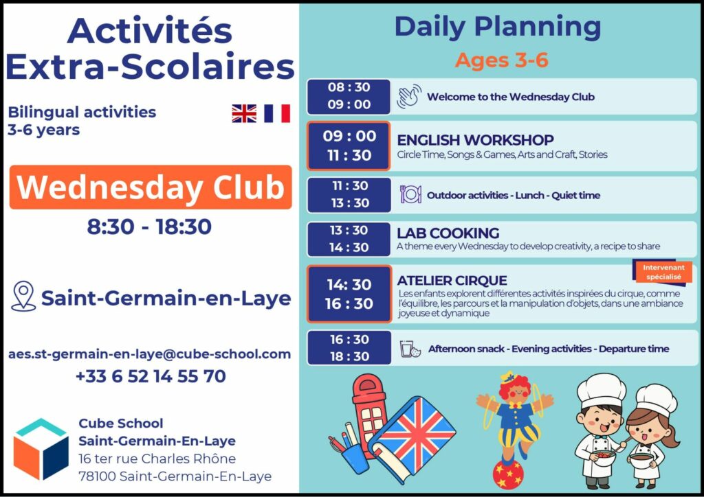 Programme du Wednesday Club bilingue pour enfants de 3 à 6 ans à Cube School Saint-Germain-en-Laye.