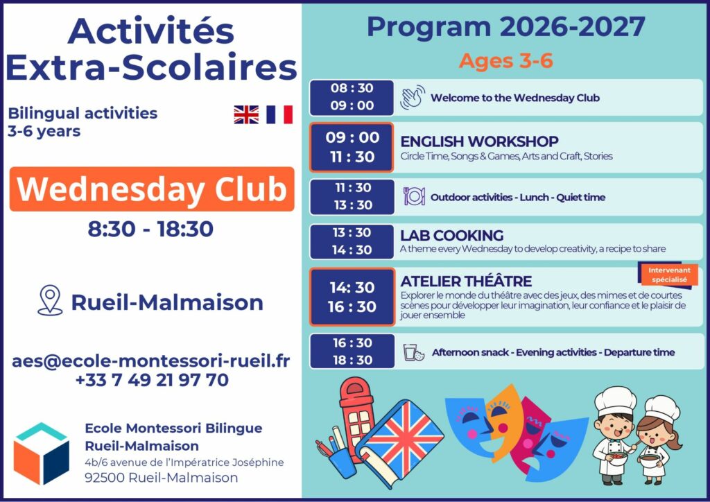 Programme du Wednesday Club bilingue pour enfants de 3 à 6 ans à l’École Montessori Bilingue de Rueil-Malmaison.
