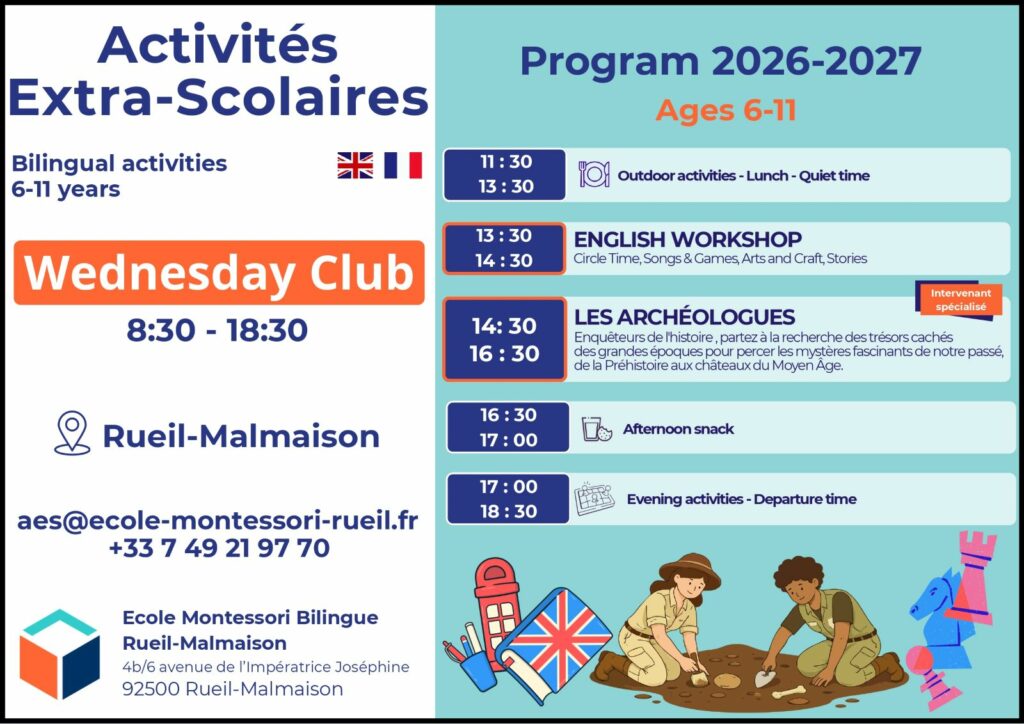 Programme du Wednesday Club bilingue pour enfants de 6 à 11 ans à l’École Montessori Bilingue de Rueil-Malmaison.
