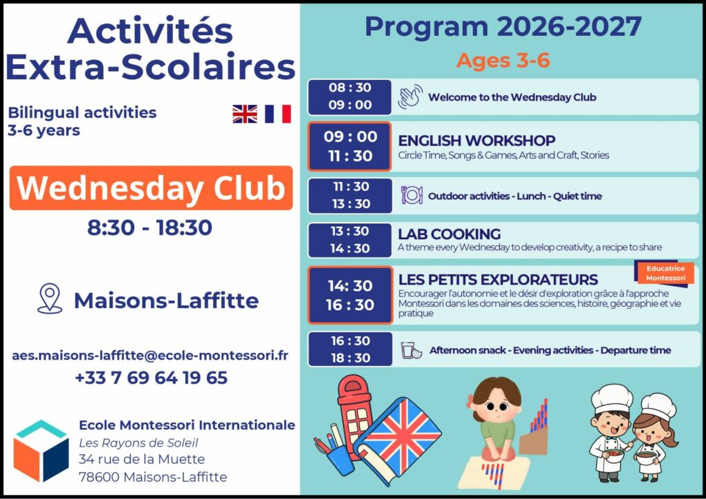 Programme du Wednesday Club bilingue pour enfants de 3 à 6 ans à l’École Montessori Internationale Les Rayons de Soleil à Maisons-Laffitte