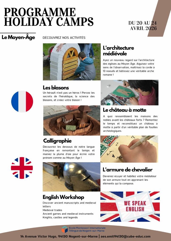 Programme du stage enfants Moyen Âge avec activités chevaliers, blasons, calligraphie et atelier d’anglais à Nogent-sur-Marne