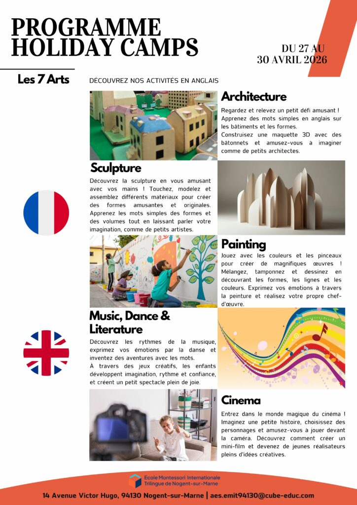 Programme du stage artistique enfants avec ateliers sculpture, peinture, musique et cinéma à Nogent-sur-Marne