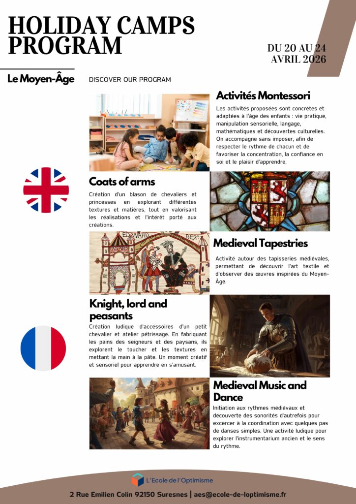 Program of the bilingual medieval children's workshop with coats of arms, medieval tapestries and music in Suresnes (France)