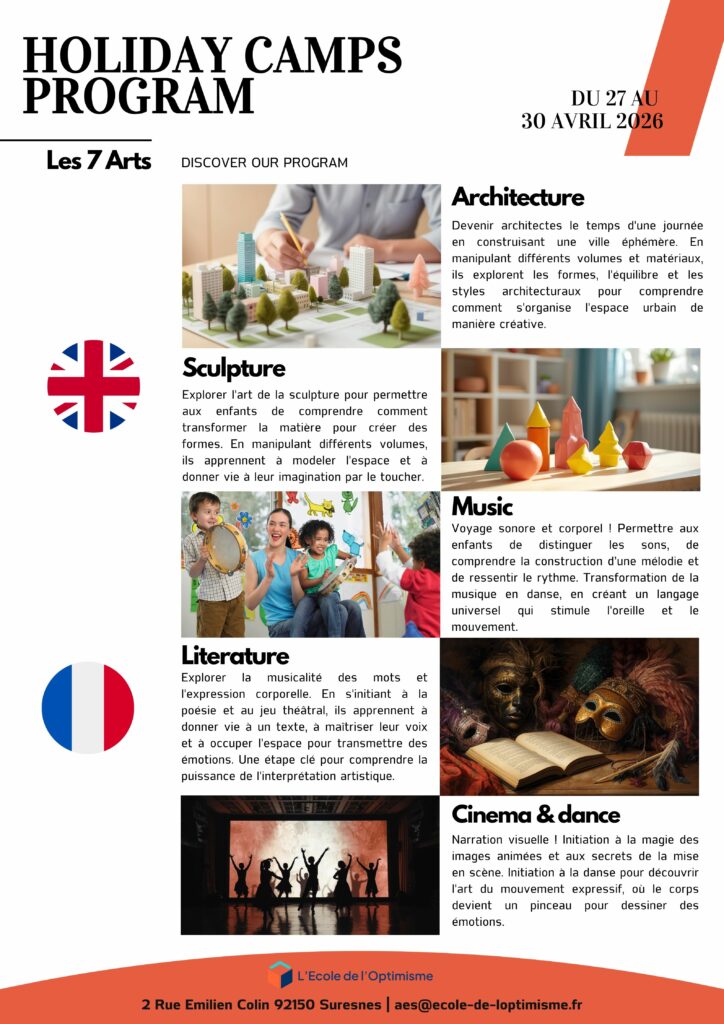 Children's art workshop program with architecture, sculpture, music and film workshops in Suresnes, France