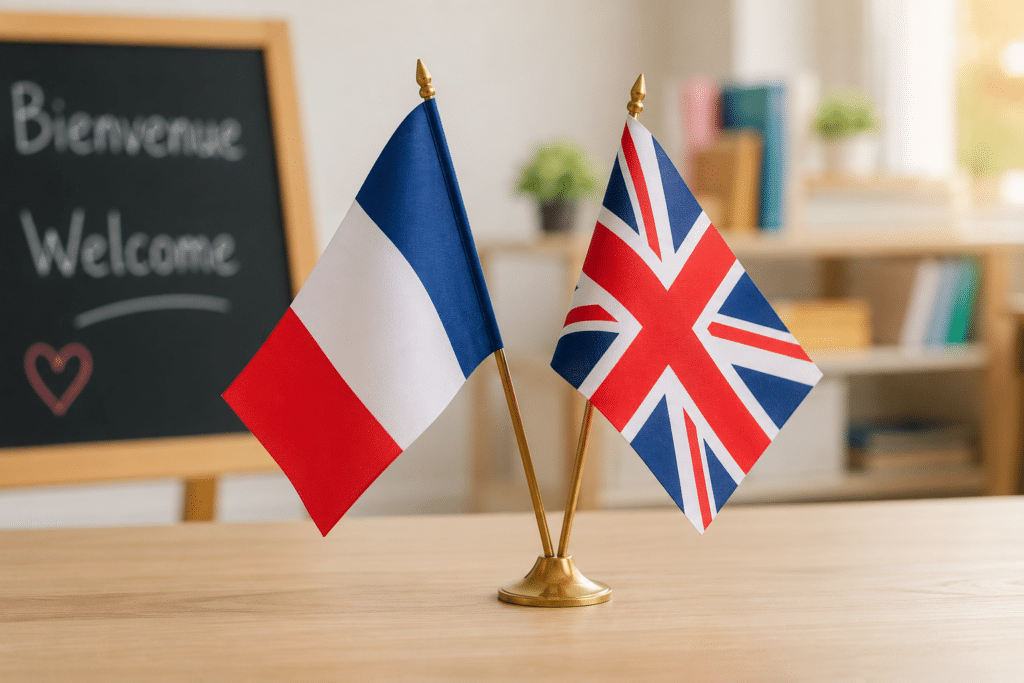 Drapeaux français et britannique représentant notre environnement bilingue français-anglais.